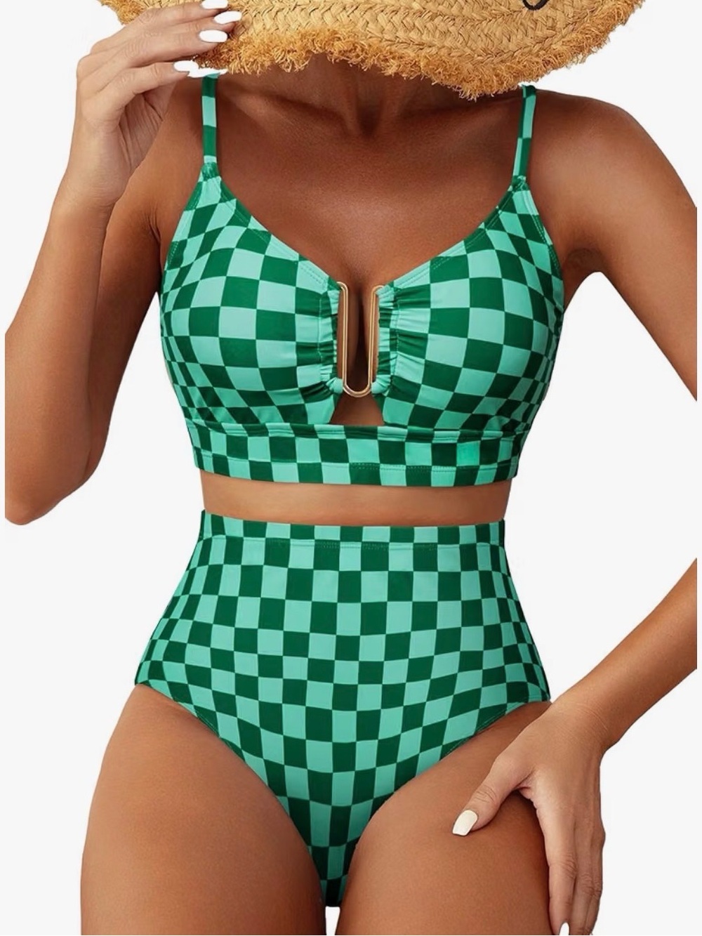 High-Waist Checkered Green Bikini Set - Women Swim